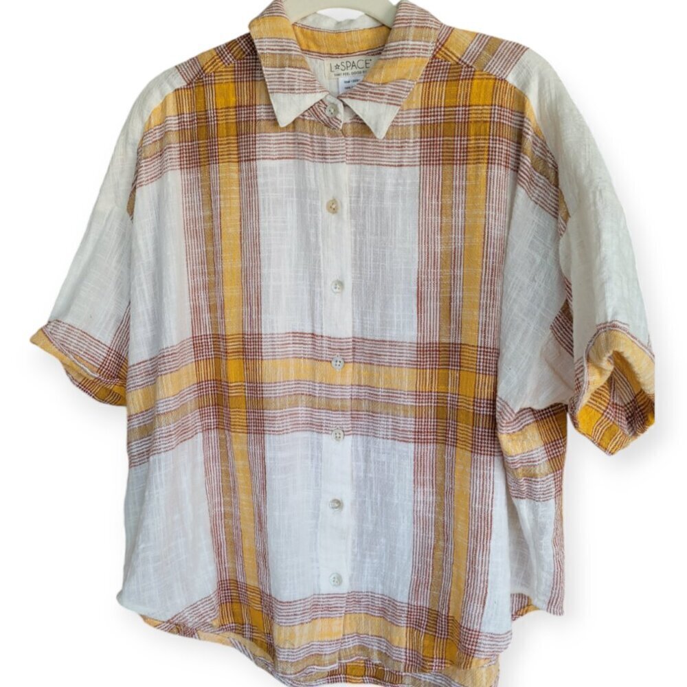L*Space Isle Sun Plaid Button-Up Shirt Cream Orange S – Relaxed Summer Beach Sty - Picture 4 of 11
